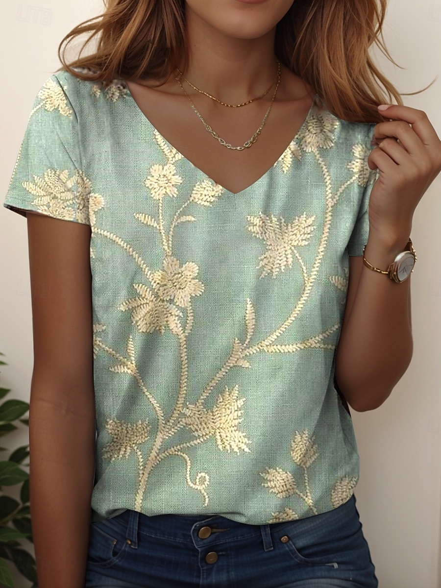 Women's T Shirt Ombre Floral Graphic Casual Short Sleeve V Neck Regular Tops Daily Print White Green Summer Spring 2025 - $19.99 –P1