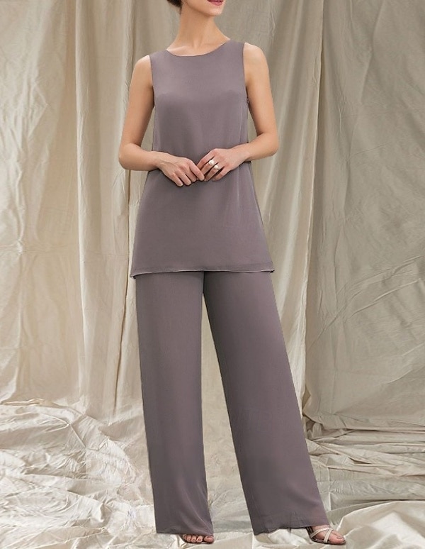 Macacão  Conjunto de Calça 3 Peças Mãe da Noiva Vestido de Convidada de Casamento Elegante Gola Redonda Comprimento Total Chiffon Manga Longa com Babados de 2025 por $139.99 –P4