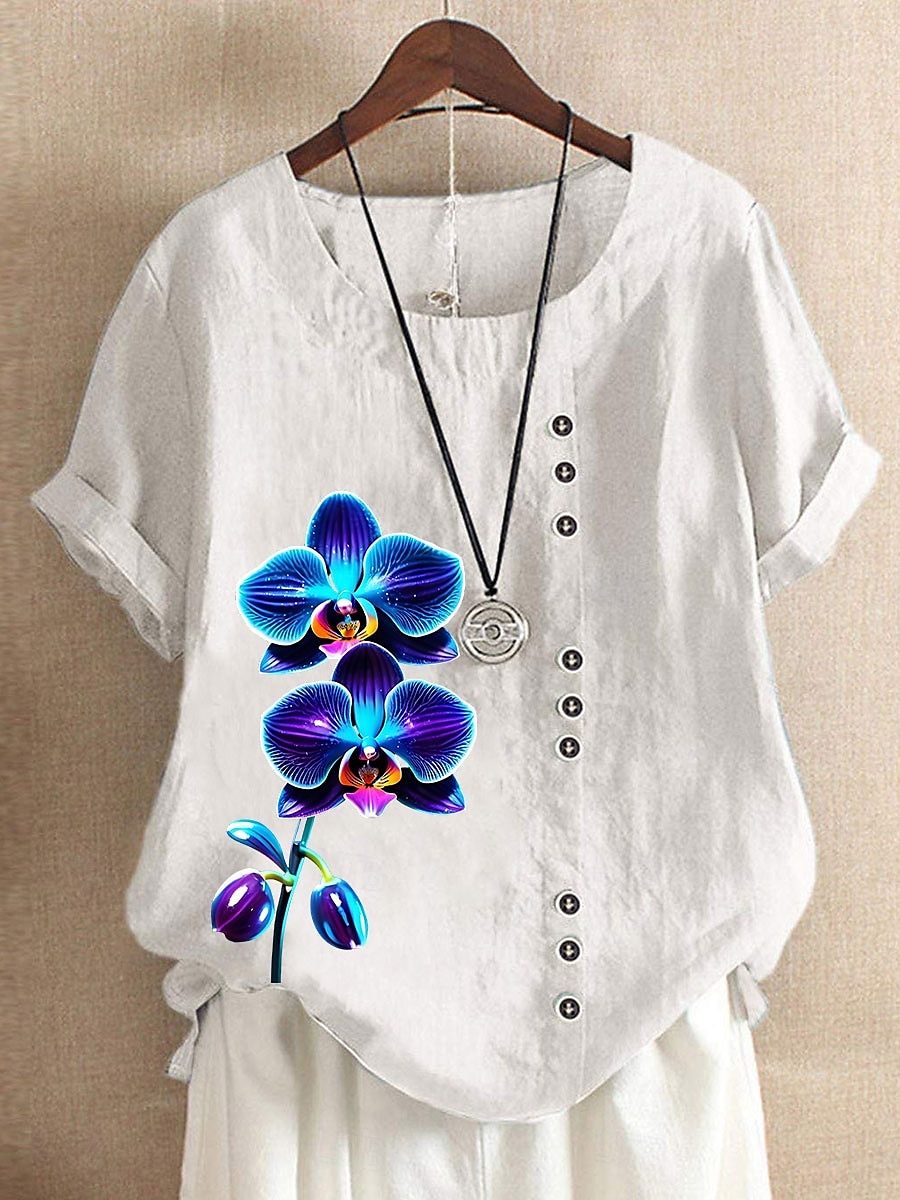 Dames 100% katoenen blouse bloemenprint vintage casual korte mouw ronde hals normale tops dagelijks uitgaan knopen print gras groen wit roze blauw paars zomer lente 2025 - $22.99 –P5