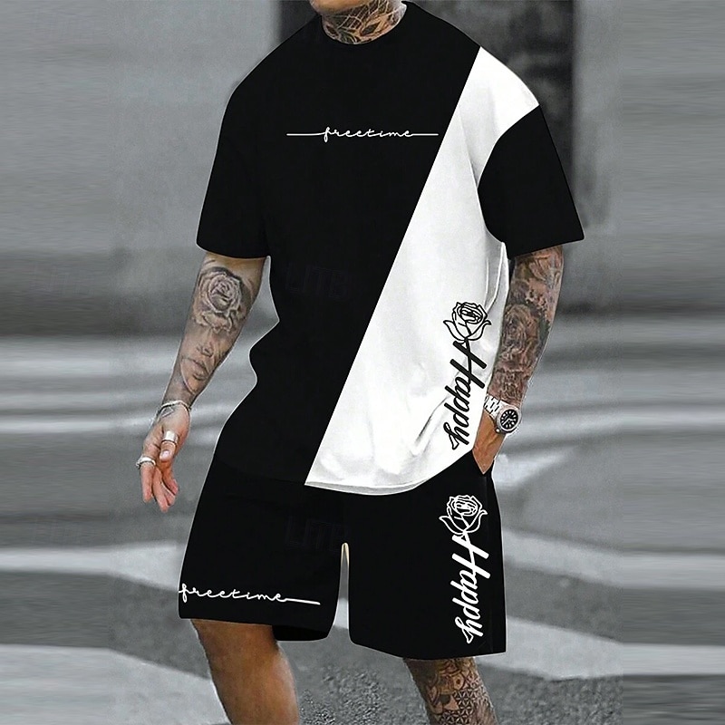 Men's Rose 2pcs Tees sets Summer Tops Short Sleeve Short Pants Crew Neck Athleisure Sports & Outdoor Going out Casual Daily Crewneck Summer Black-White 2026 - $28.99 –P1