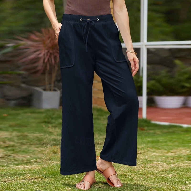 Mulheres Calças de linho de algodão Calças Simples Casual Comprimento total Natural Tecido Bolsos Design de cordão elástico Confortável Exterior Rua Roupa Diária Marron Escuro Verde Depressão Azul de de 2025 por $23.99 –P15