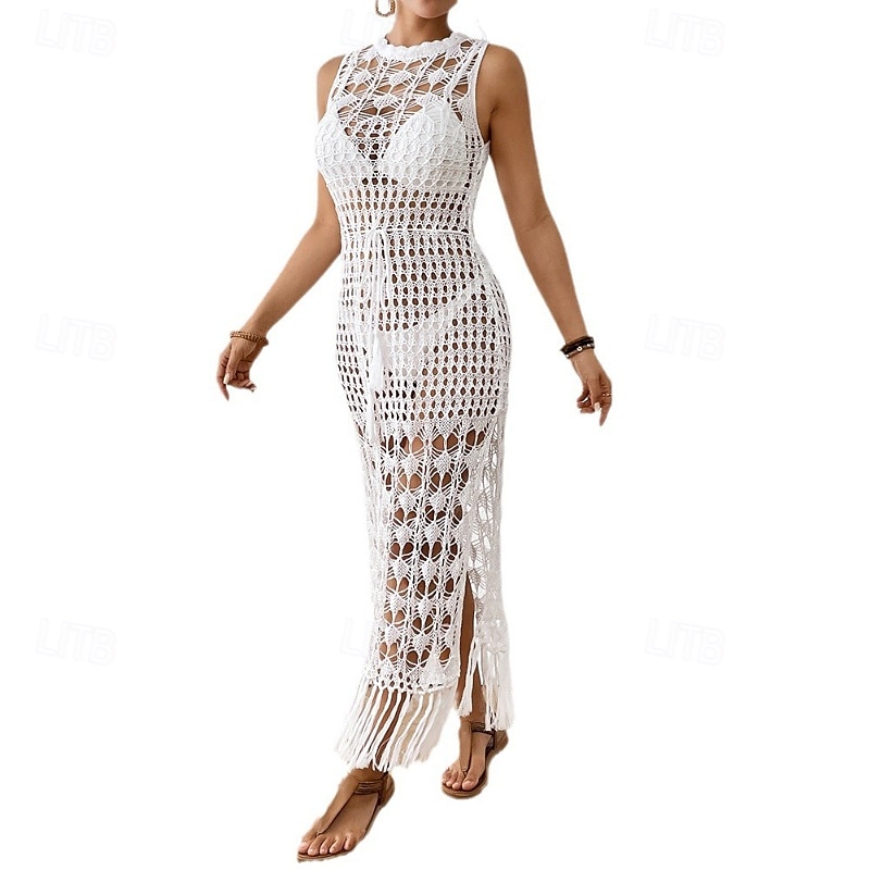 Mulheres Roupa de Banho Cobertura roupa de banho Com Corte Franja Roupa de Praia Verão Tecido Decote Redondo Sem Manga Fatos de banho de 2025 por $23.99 –P4