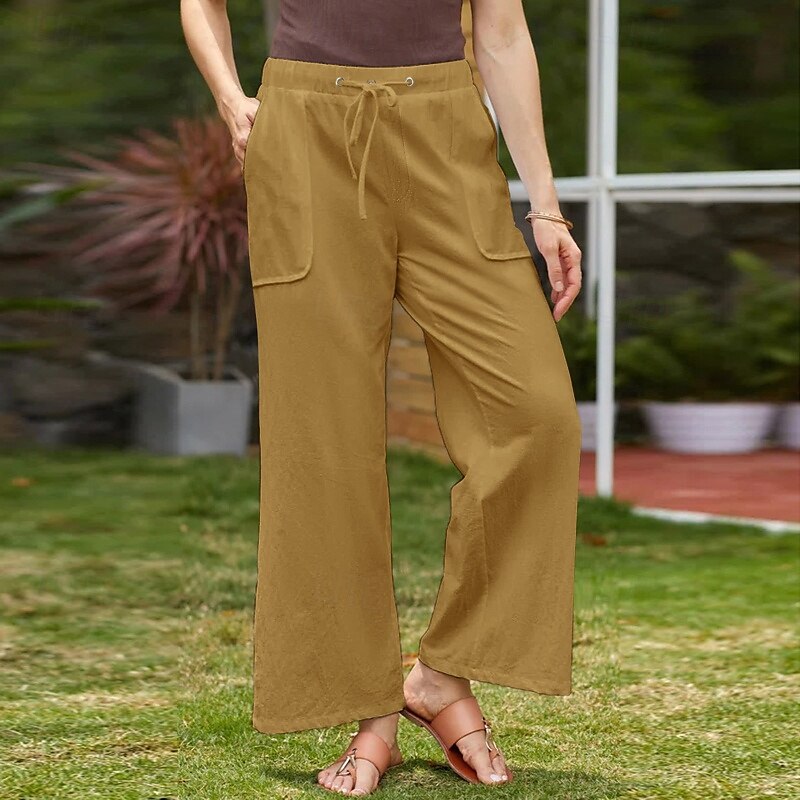 Mulheres Calças de linho de algodão Calças Simples Casual Comprimento total Natural Tecido Bolsos Design de cordão elástico Confortável Exterior Rua Roupa Diária Marron Escuro Verde Depressão Azul de de 2025 por $23.99 –P17