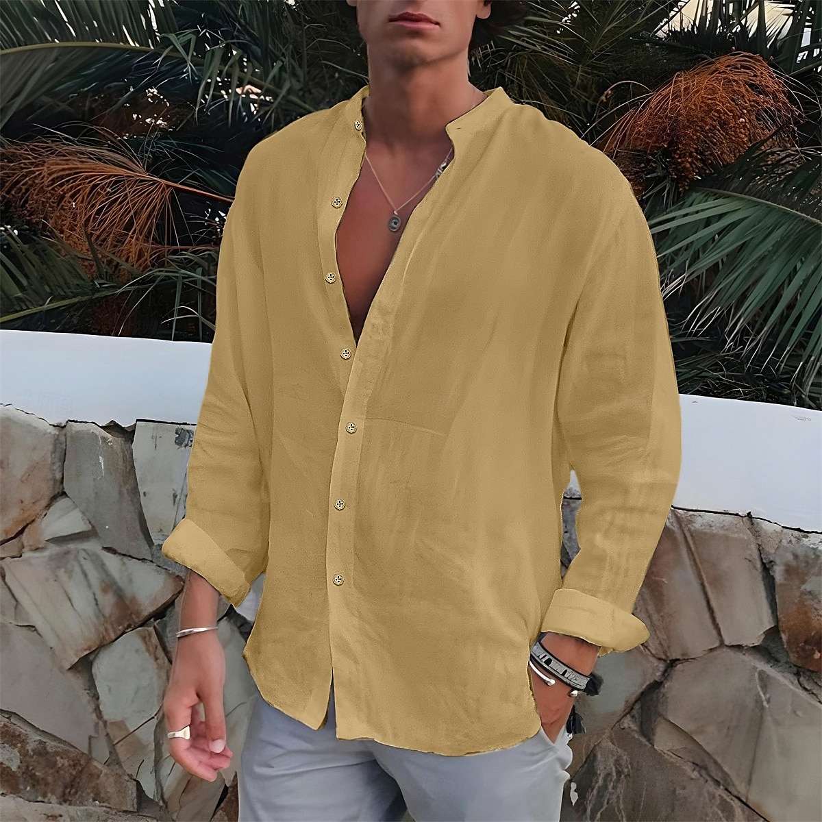 Per uomo Camicia Camicia con colletto a fascia Camicia estiva Abbigliamento mare Camicia con bottoni Liscio Esterno Da mare Nero Bianco Blu Verde Manica lunga Collo ripiegabile Primavera & Autunno del 2025 a $23.99 –P10