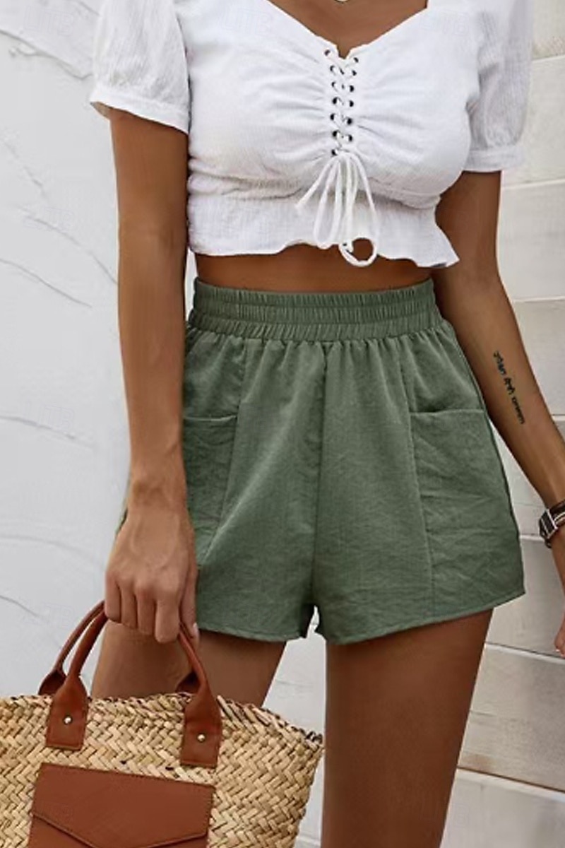 Femmes Short inspiré du lin Shorts Slacks Streetwear Occasionnel Court Naturel Uni Avec Poches Taille Élastique Extérieur Confortable Sortir Décontracté Quotidien riz blanc Vert Véronèse gris foncé de 2025 ? $16.99 –P3