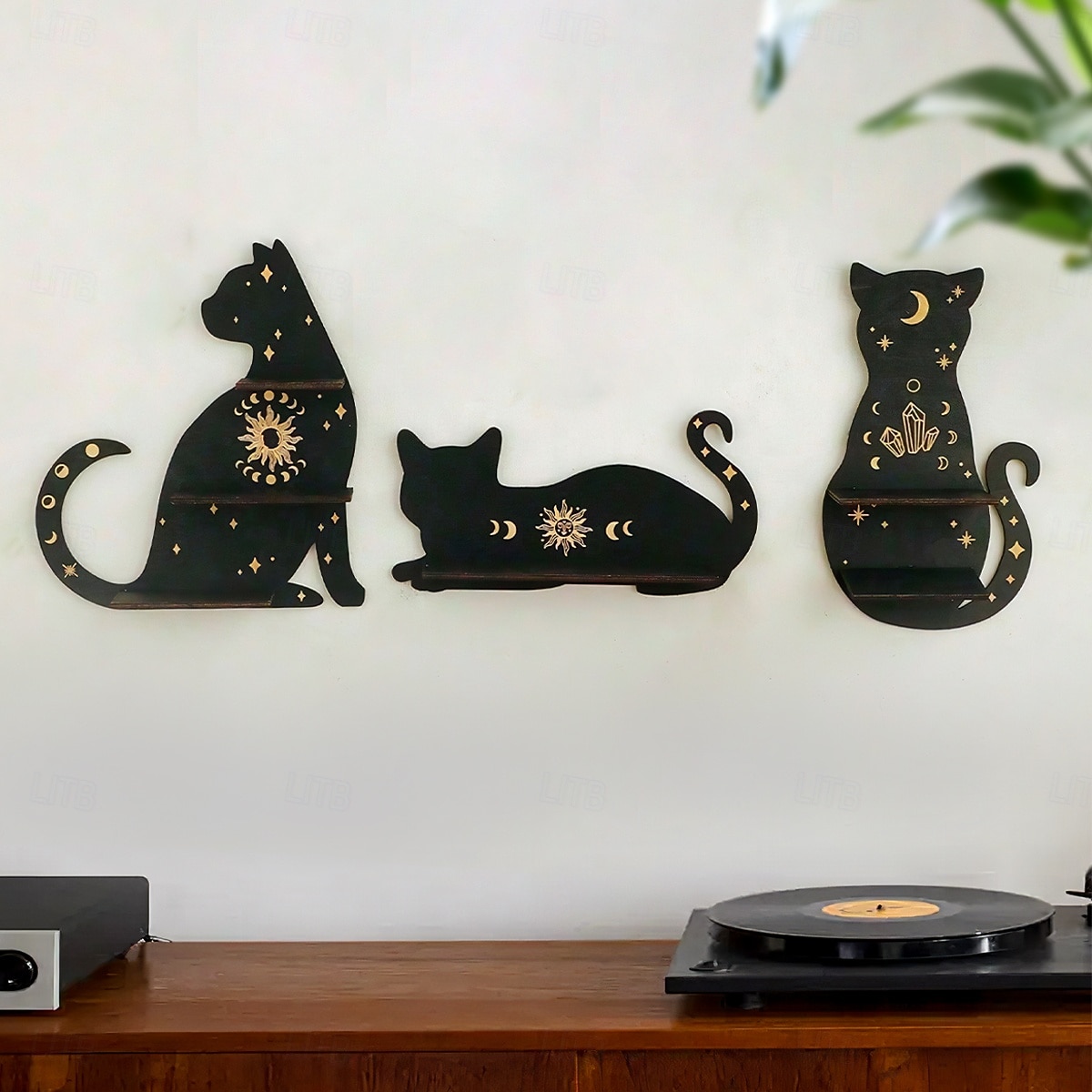 Raft de perete cu siluetă de pisică neagră cu accente aurii – afișaj suspendat din lemn boho pentru cristale, lumânări și decor – suport drăguț montat pe perete cu pisicuță pentru sufragerie, dormitor 2026 - $16.99 –P8