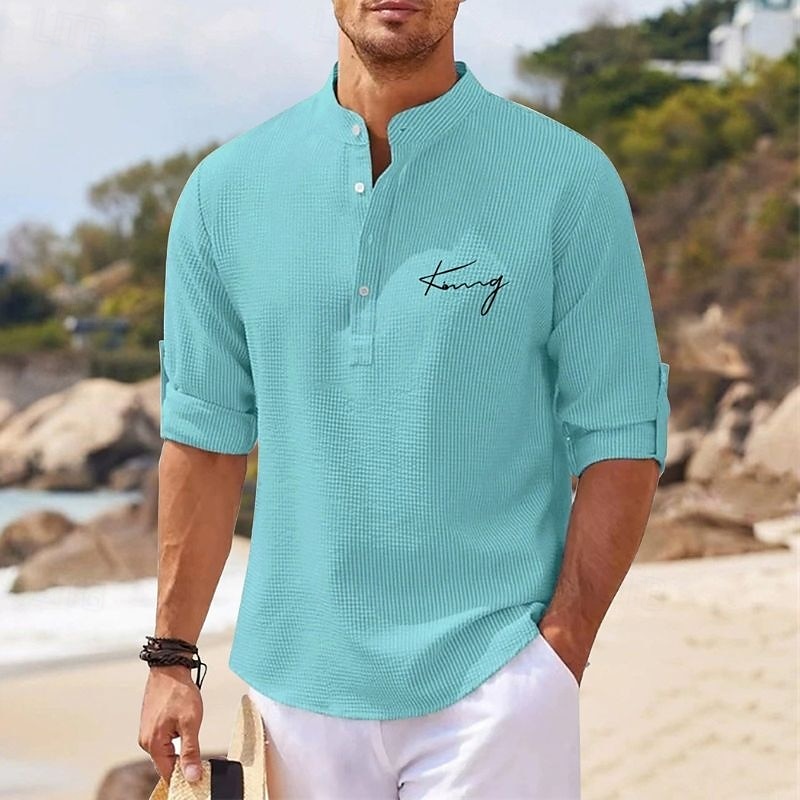 Men's Popover Shirt Summer Shirt Casual Shirt Beach Shirt Waffle Knit Shirt Black White Blue Sky Blue Dark Gray Long Sleeve Letter Classic Stand Collar Henley Vacation Hawaiian Buckle Clothing Apparel 2025 - $25.99 –P12