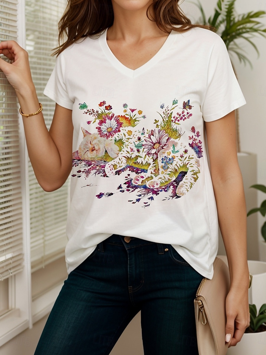 Dam T-shirt Blommig Grafisk Katt Ledigt Kortärmad V-hals Vanliga toppar Dagligen Utekväll Standkläder Mönster Vit Sommar 2025 - $27.99 –P4