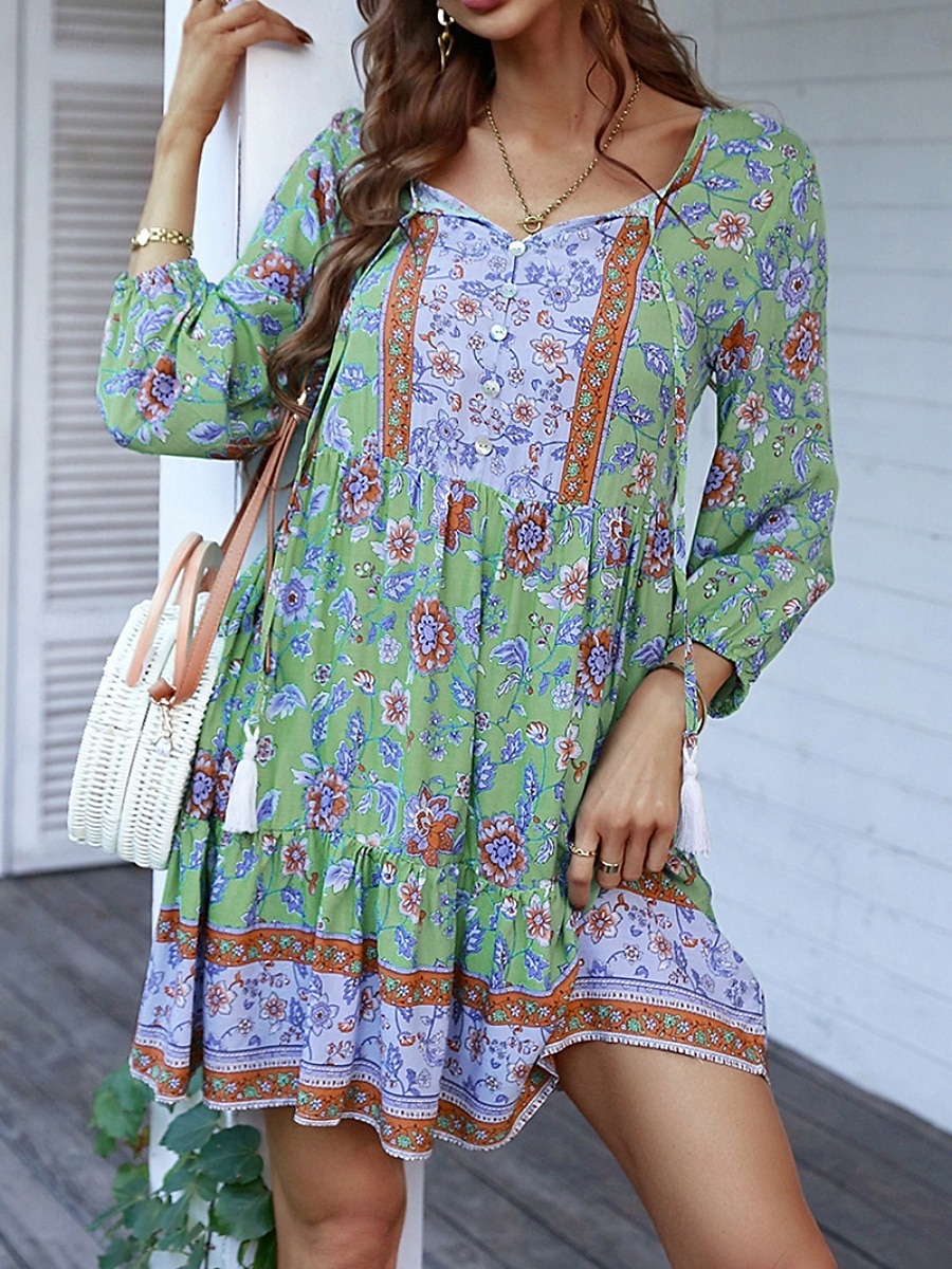 Dam Mini klänning Vardagsklänning Sommarklänning Boho-klänning Mode Utomhus Semester Dagligen Normal Blommig 3/4 ärm V-hals Gul Rodnande Rosa Blå Grön Sommar 2025 - $24.99 –P3