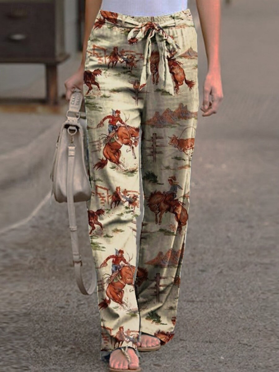 Femmes Jambe large Chinos ancien Style Ethnique Occasionnel Longueur complète Taille haute Graphique Avec Poches Ceinture Élastique Impression Confortable Doux Micro-Élastique Extérieur Rue Quotidien de 2025 ? $28.99 –P1