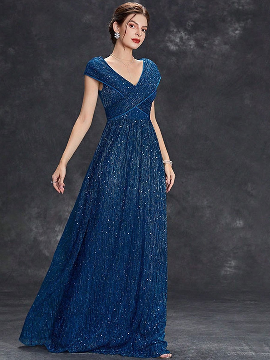 Dress Mother of the Bride Dress Elegant Party V Neck Floor Length Chiffon Polyester Short Sleeve with Sequin 2025 - $89.99 –P3