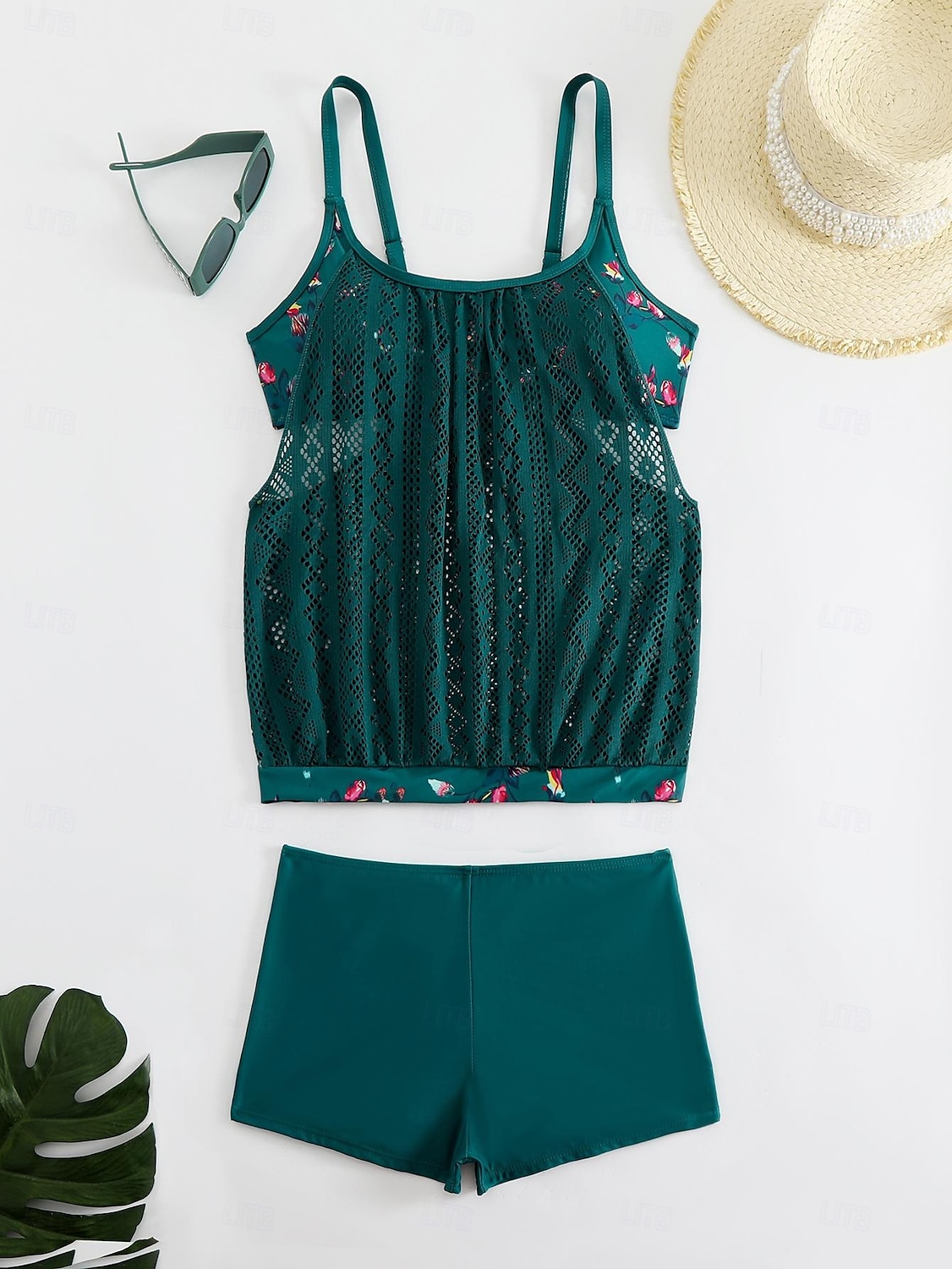 Dam Plusstorlekar Badkläder Tankini 2 st Längre baddräkt Hög midja Baddräkt Genomskinlig Hög midja Stickat Stylish Standkläder Leopard Tropisk Rund hals Ärmlös Baddräkter 2025 - $25.99 –P7