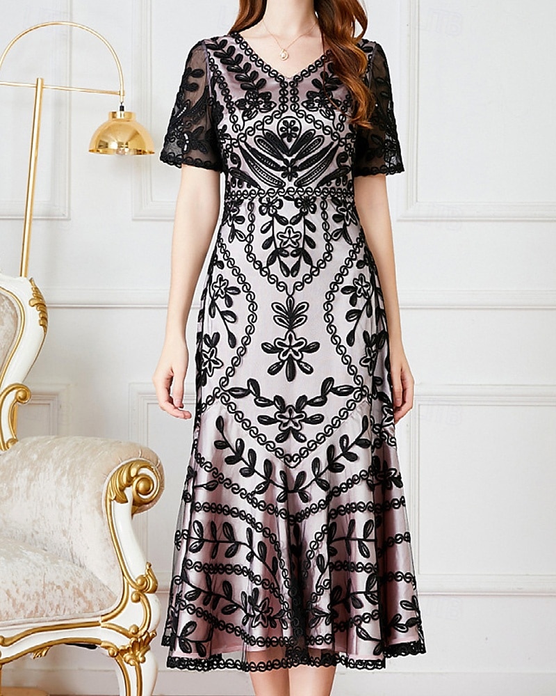 A-Linie Kleid Mutter der Braut Kleid Elegant Vintage Party V-Ausschnitt Tee-Länge Kordelspitze Kurzarm mit Spitze Pailletten Midi Kleid 2025 - $131.99 –P6