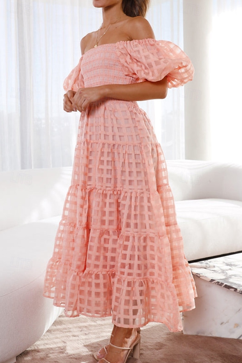Women's Midi Dress Graduation Dress Fashion Modern Lantern Sleeve Vacation Graduation Weekend Regular Fit Plain Short Sleeve Off Shoulder Black White Yellow Pink Summer 2025 - $27.99 –P6