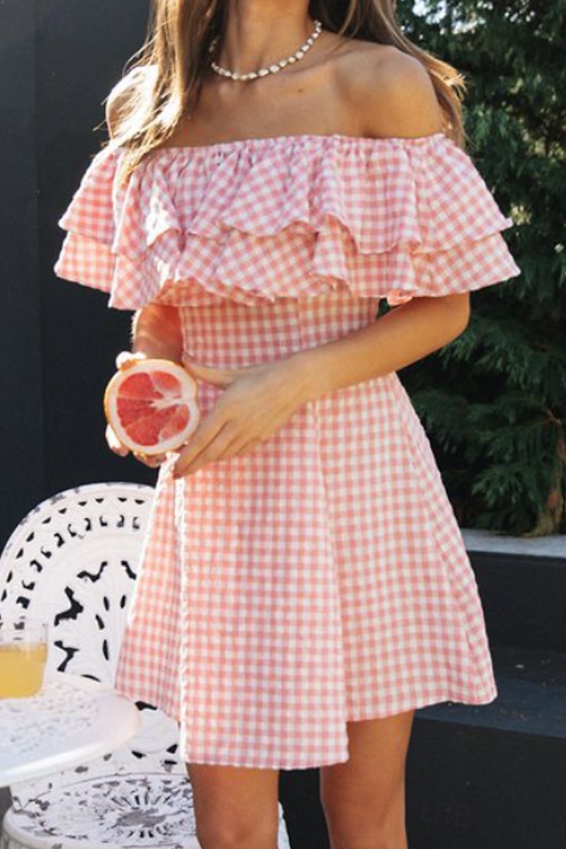 Women s Mini Dress Graduation Dress Fashion Daily Outdoor Holiday Regular Fit Plaid Short Sleeve Off Shoulder Pink Summer