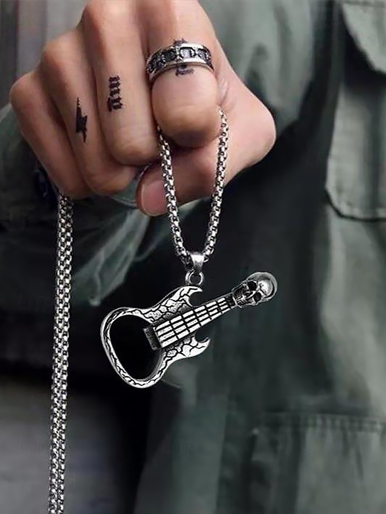 Men's Punk Rock Guitar Necklace with Skull Pendant – Stainless Steel Bottle Opener Chain for Music Lovers, Party & Bar Accessories 2025 - $7.99 –P1
