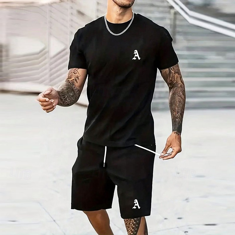 Homme Lettre a 2 pièces Ensembles de tees Hauts d'été Manche Courte Pantalon court Col ras du cou Sport Occasionnel Extérieur Vacances Sport Impression 3D Été Noir de 2026 ? $26.99 –P1