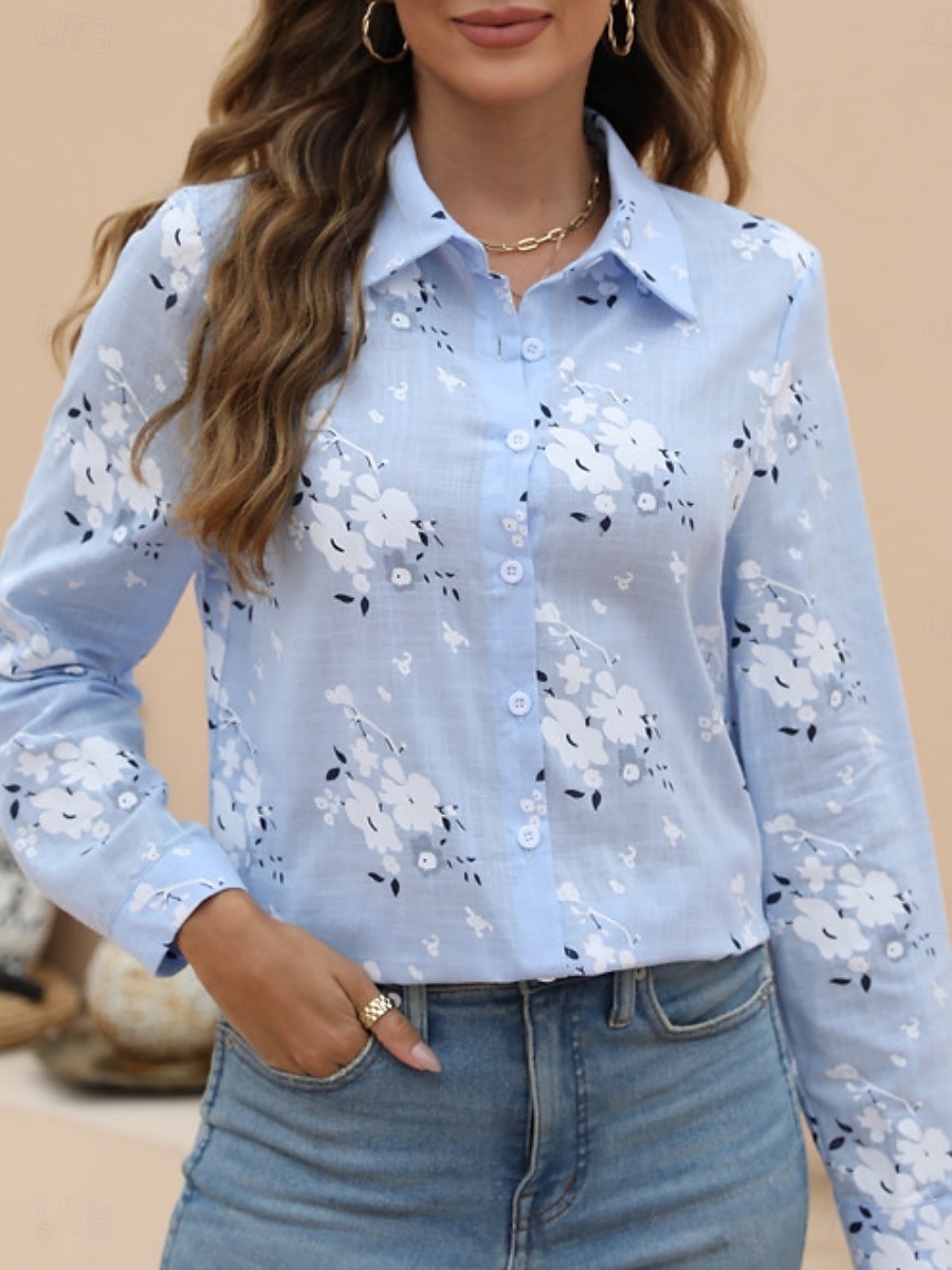 Damenhemd Floral Stylish Casual Langarmhemd Kragen Regelmäßige Tops Täglich Leinenähnliche Knöpfe Druck Weiß Gelb Hellblau Sommer Frühling 2025 - $19.99 –P11