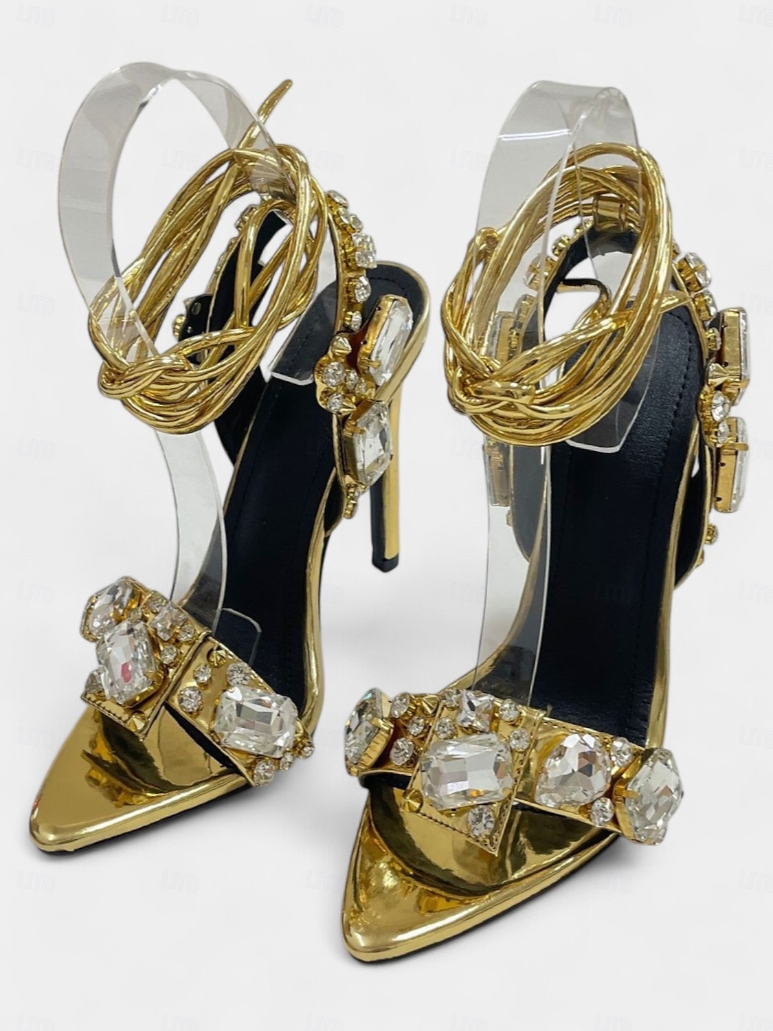 Sandali con tacco a spillo da donna in pelle metallizzata verde con lacci e decorazioni in strass – sandali glamour per cocktail party e serate del 2025 a $54.99 –P1