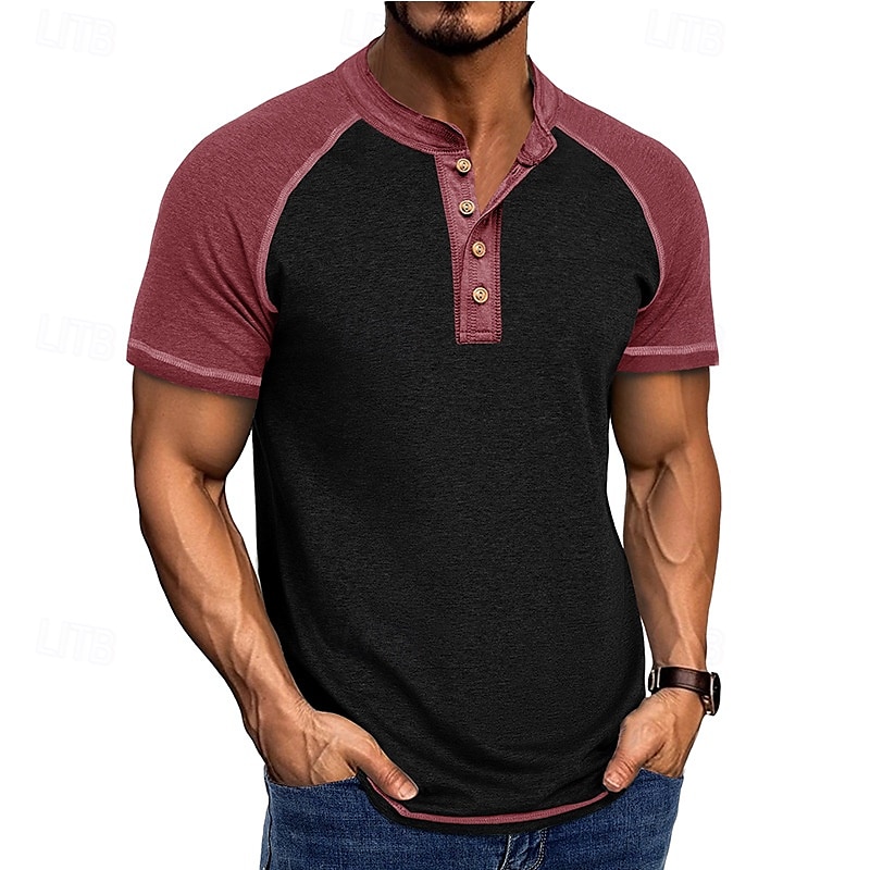 2026年 男性用 ヘンリーシャツ ティートップ ベースボールTシャツ 半袖 カラーブロック ファッション デザイナー ラグランスリーブ ヘンリー バケーション ストリート お出かけ 夏 ダークグレー ブラック グレー ヘンリーTシャツ  コレクション – $21.99 –P12