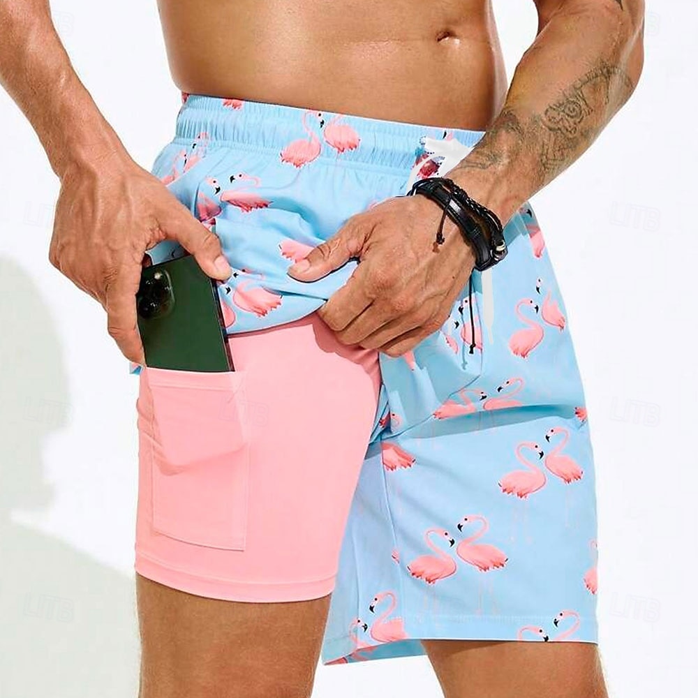 Miesten Flamingo Lintu Vuoratut shortsit 2 in 1 uimashortsit Uimashortsit Keskivyötärö Havaijilainen Loma Pyhäpäivä Ranta-asut Sivutaskut Compression Linerin kanssa Joustava kiristysnyöri vyötäröllä 2025 - $21.99 –P3