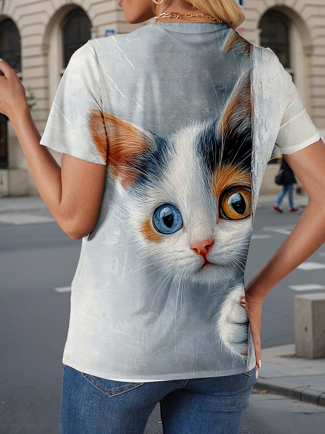 Damen T Shirt Grafik Tiermotiv Katze Stilvoll Lässig Kurzarm Rundhals Normale Oberteile Täglich Wochenende Druck Silber Sommer Frühling 2025 - $19.99 –P2