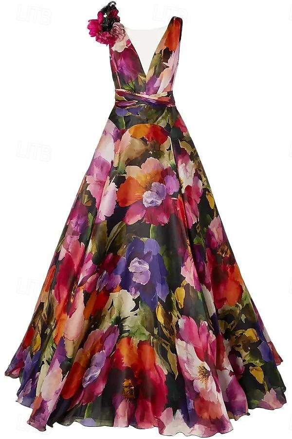 Robe de soirée A-Line élégante robe formelle invitée de mariage longueur sol sans manches décolleté en V en organza avec imprimé floral fleur d'épaule robe invitée de mariage de 2025 ? $218.99 –P3