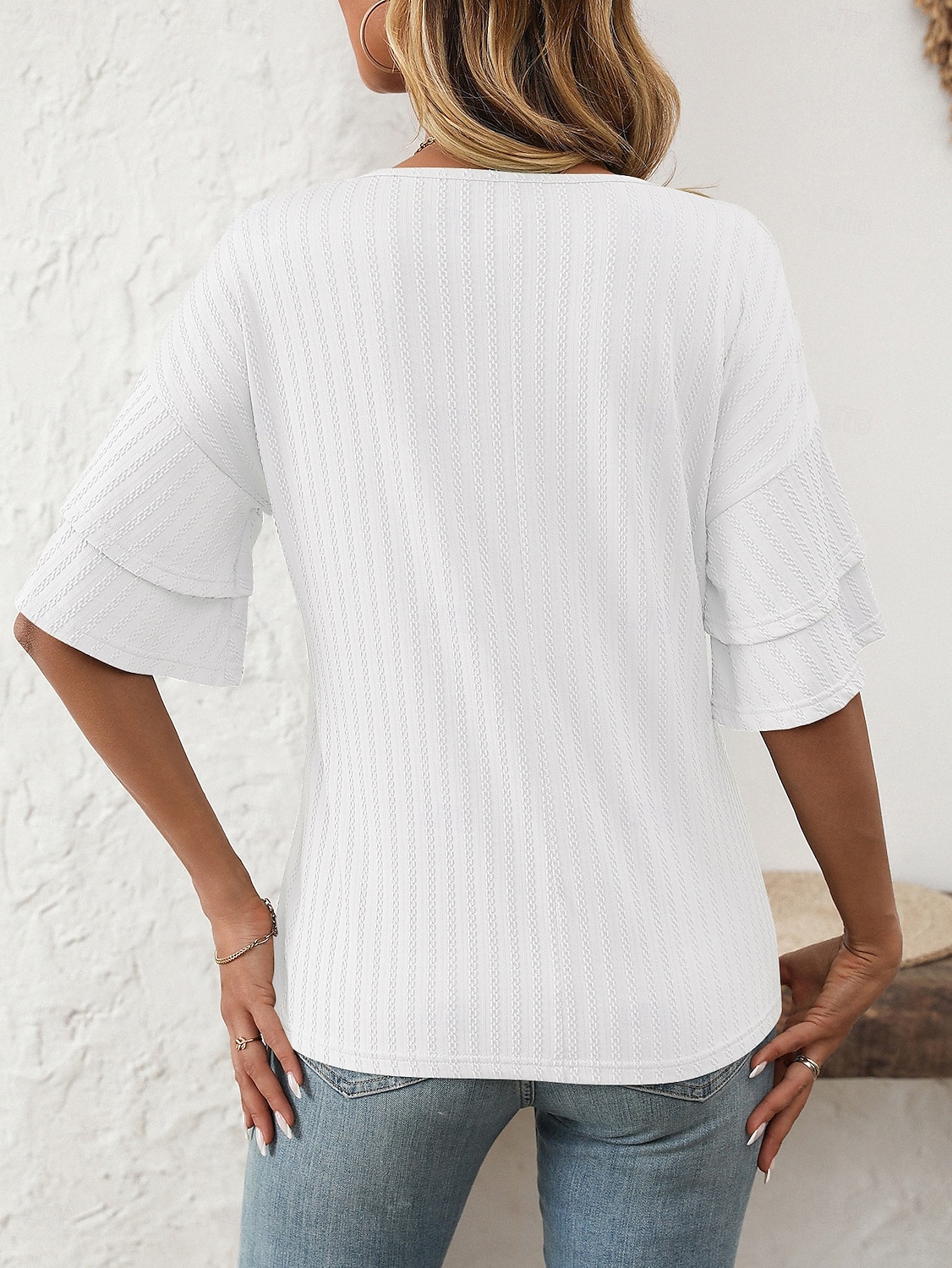 Women's T Shirt Plain Fashion Modern Short Sleeve V Neck Regular Tops Daily Ruffle Black White Wine Sky Blue Fuchsia Summer 2025 - $14.49 –P11