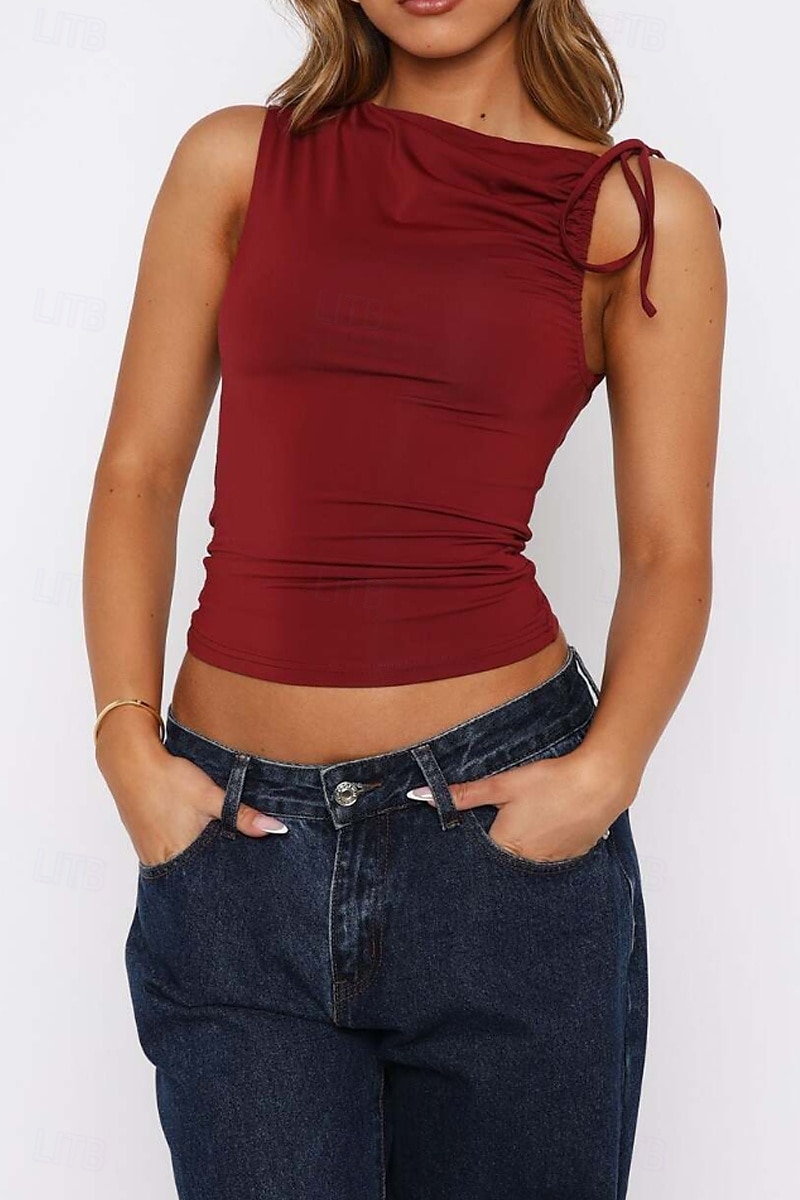 Dame Bluse عادي Fritid Ermeløs Crew-hals Vanlige topper Daglig Ferie Rynket Svart Hvit Gul Rød Brun Sommer 2025 - $16.99 –P12