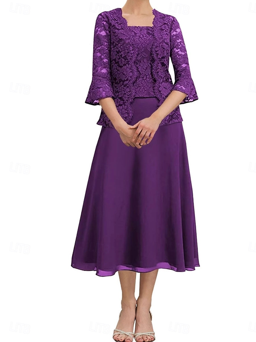 Dress Sets Mother of the Bride Dress Elegant Simple Scoop Neck Tea Length Chiffon Polyester Lace Long Sleeve with Lace Solid Color 2025 - $99.99 –P6