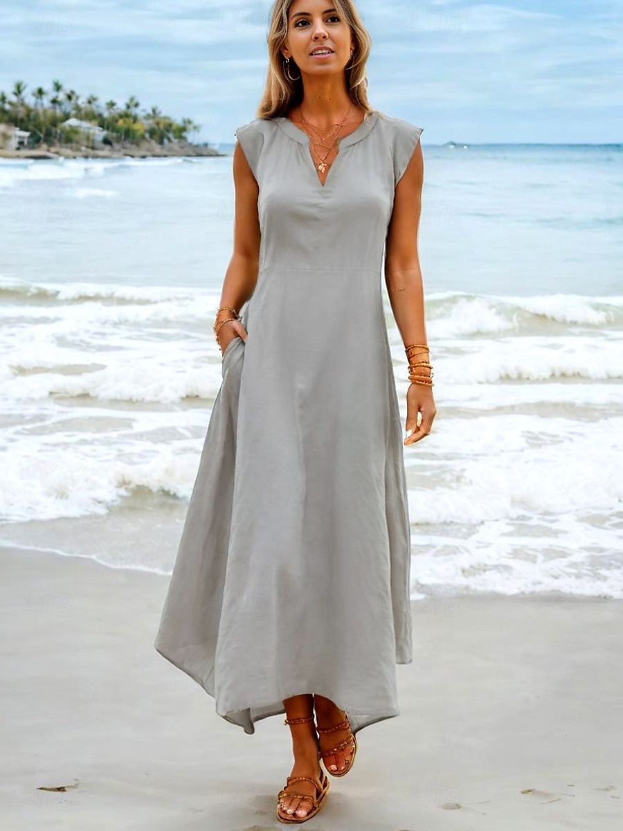 kvinners maxi-kjole t-skjortekjole tee-kjole sundress shift-kjole sommerkjole lin som bohemia ferie etnisk ferie strand normal passform ensfarget ensfarget kortermet hakk hals blå grå sommer 2025 - $36.99 –P5