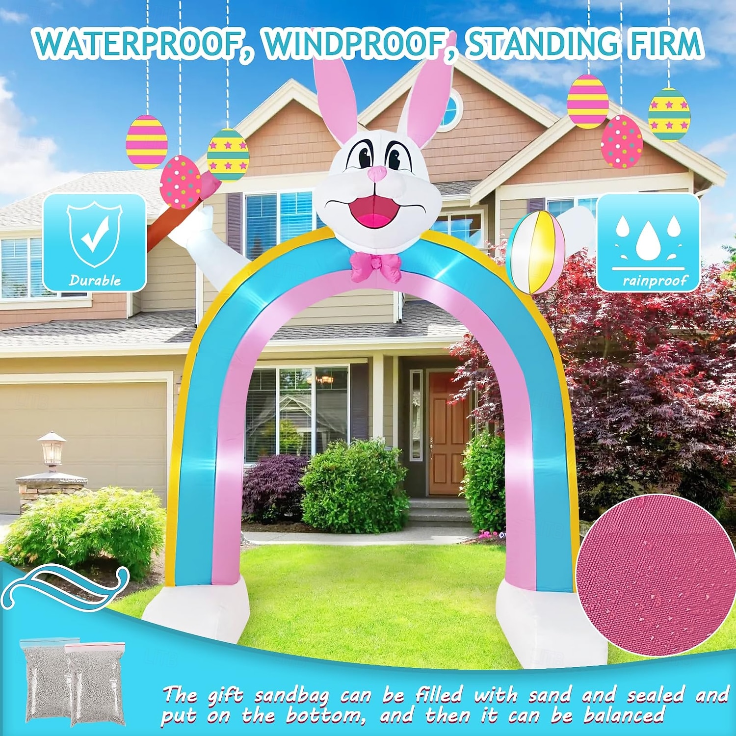 2026年 9.8フィートのイースターインフレータブルバニーハンドヘルドブラシとイースターエッグインフレータブルライトレインボーアーチ付き屋内と屋外の中庭の庭の芝生の家族休暇パーティーの雰囲気の装飾ライト  コレクション – $158.99 –P6