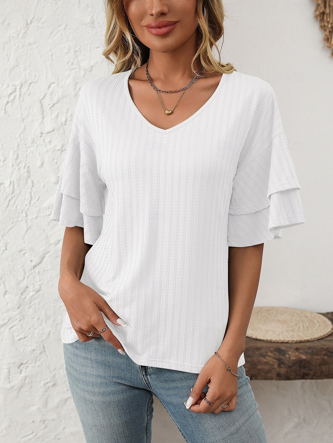 Women's T Shirt Plain Fashion Modern Short Sleeve V Neck Regular Tops Daily Ruffle Black White Wine Sky Blue Fuchsia Summer 2025 - $14.49 –P10