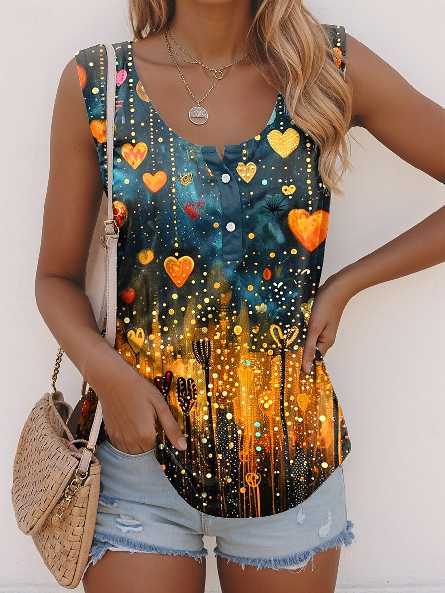 Női top camisole ombre szív hétköznapi ujjatlan U nyakú normál méretű napi gombos minta sárga nyár 2025 - $17.99 –P1