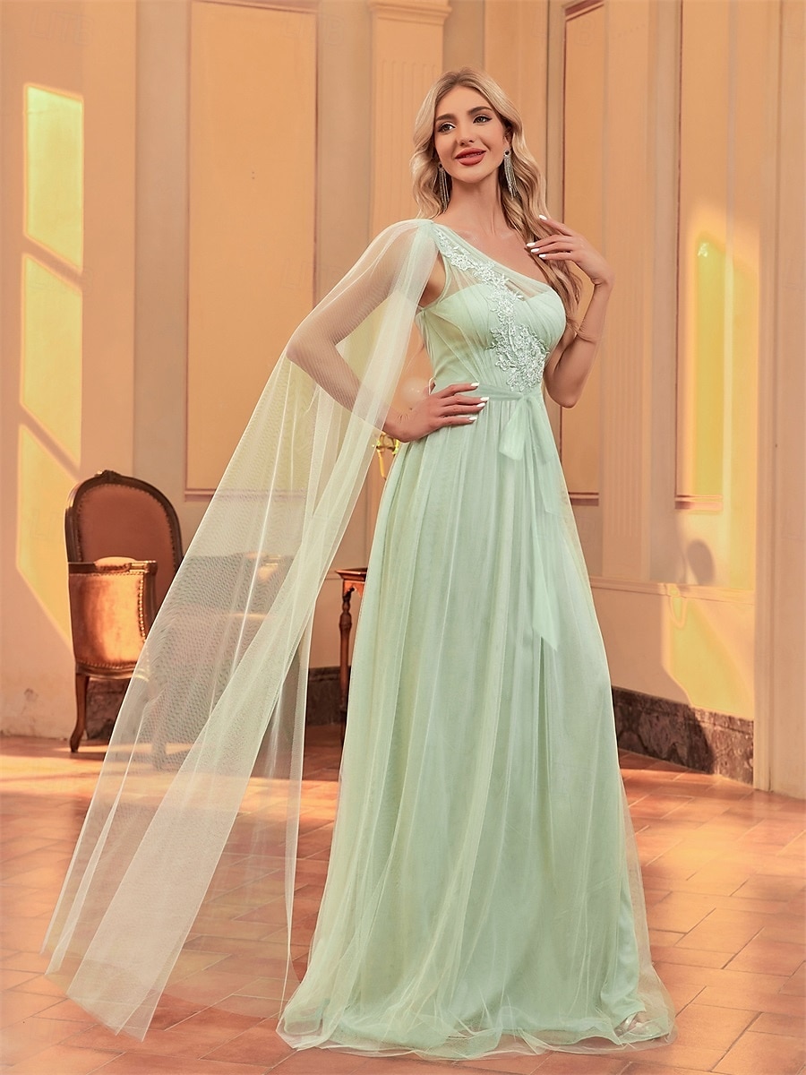 Sukienki A-line na quinceanera elegancka sukienka weselna dla gości długości do ziemi bez rękawów jedno ramię szyfonowa z aplikacjami 2025 - $113.99 –P5