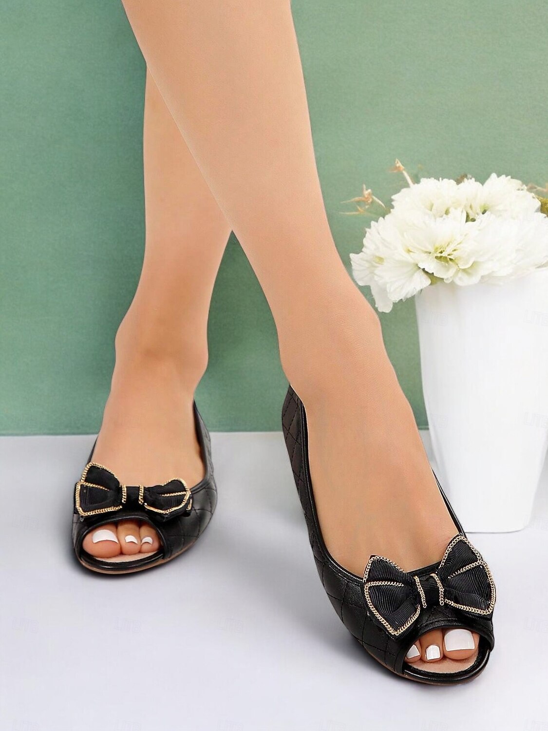 balerini negri matlasați, cu vârf deschis, cu fundă - pantofi șic cu slip-on pentru birou și purtarea de zi cu zi 2025 - $18.99 -P5