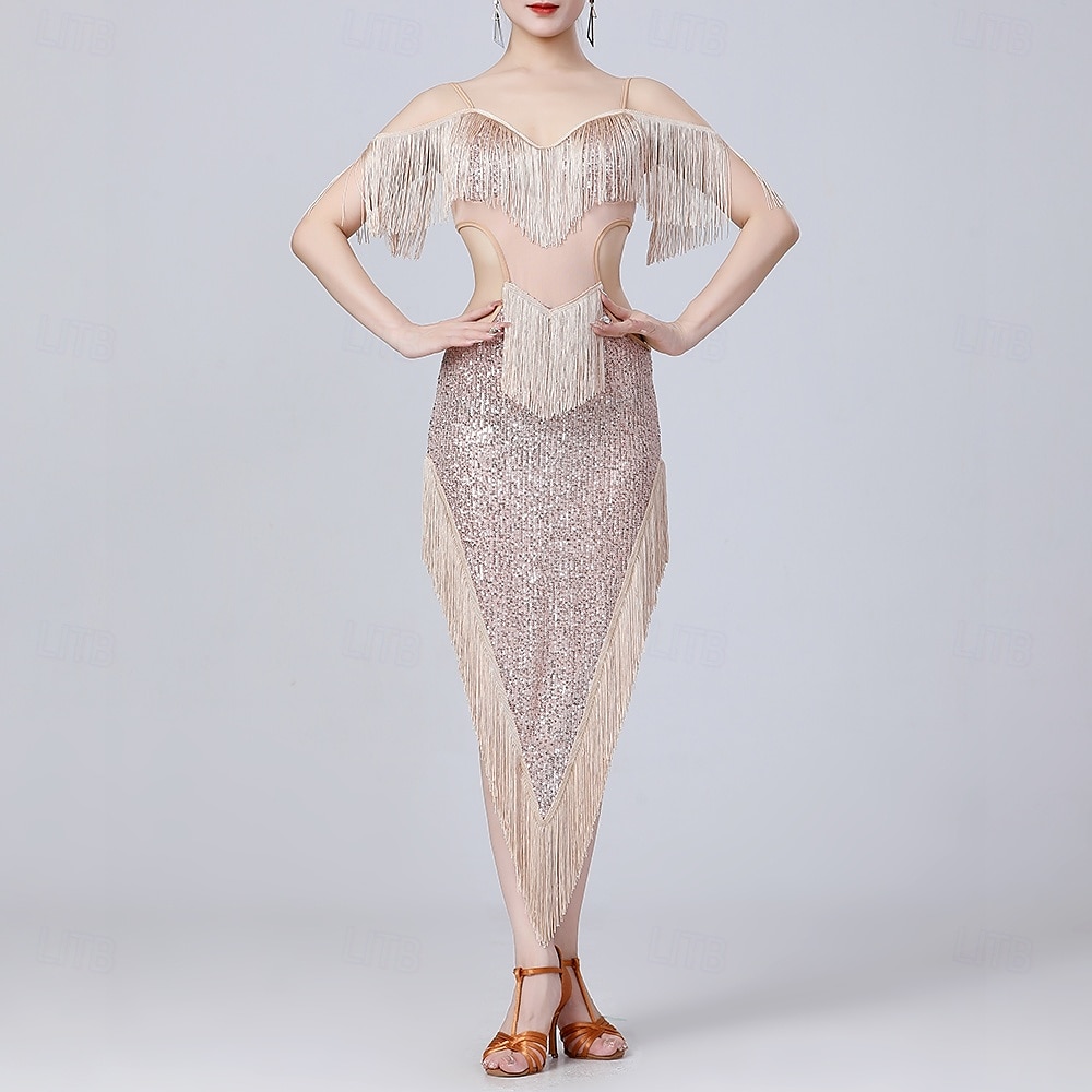 Latinské tance Šaty Třásně Čistá Barva Barevně dělené Dámské Výkon Trénink Bez rukávů Vysoký Polyester 2025 - $51.99 –P1