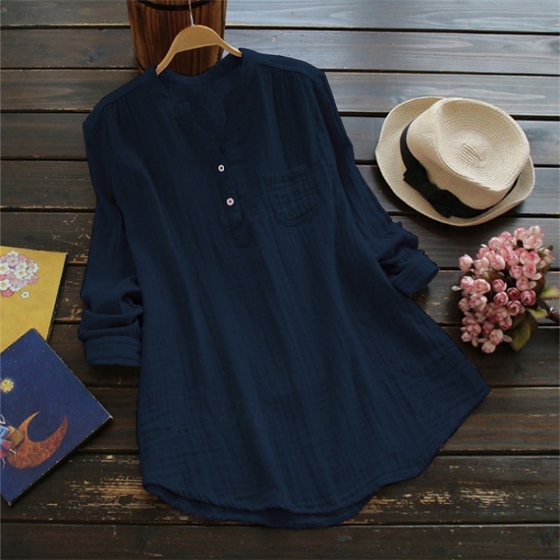 Per donna Camicia Camicie ispirate al lino Blusa Semplice Essenziale Casual Manica Lunga Scollo a V Top Regolari Quotidiano Ferie Bottoni Tasca Bianco Rosa Blu marino Estate del 2025 a $21.99 –P4