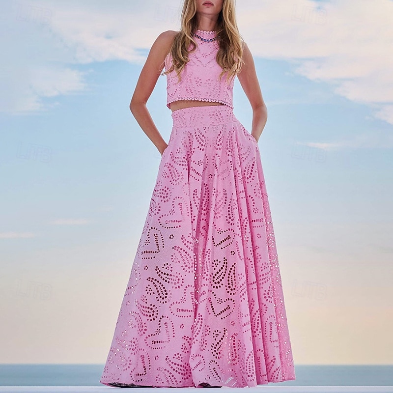 Damen kleid lang Zweiteiliges Kleid Elegant Modisch Urlaub Verabredung Ausgehen Regular Fit Glatt Ärmellos Rundhalsausschnitt Schwarz Weiß Gelb Rosa Sommer 2025 - $41.99 –P7
