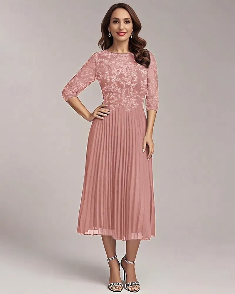 Robe Mère de la Mariée A-Line Élégante Simple Décontractée Col Ronde Longue en Chiffon À Manches Mi-Longues avec Appliques Florales en Dentelle Plis de Genoux Printemps Été Robe Midi 2025 de 2025 ? $121.99 –P5