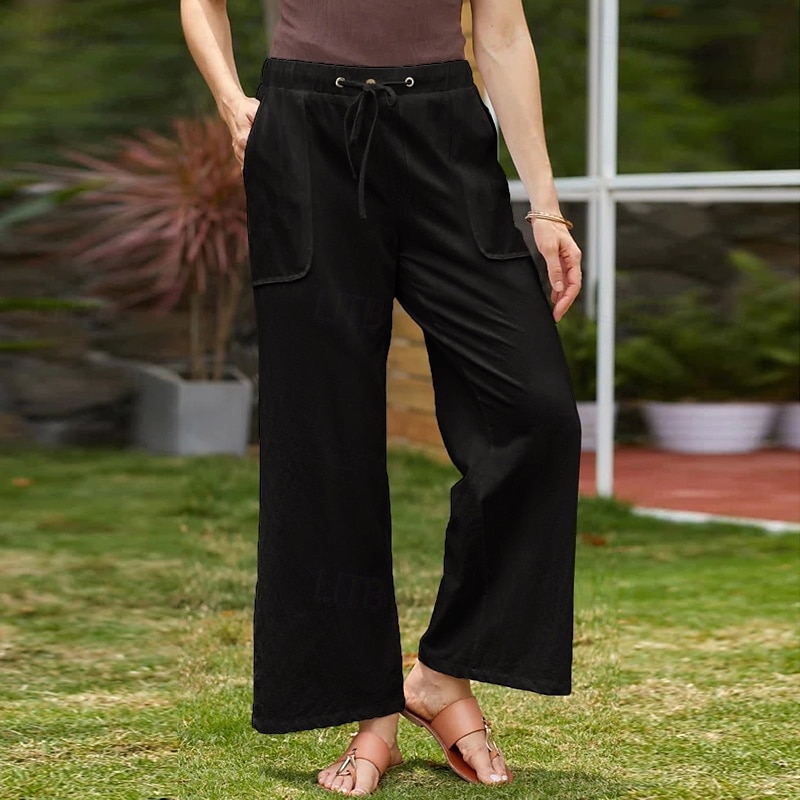 Mulheres Calças de linho de algodão Calças Simples Casual Comprimento total Natural Tecido Bolsos Design de cordão elástico Confortável Exterior Rua Roupa Diária Marron Escuro Verde Depressão Azul de de 2025 por $23.99 –P12