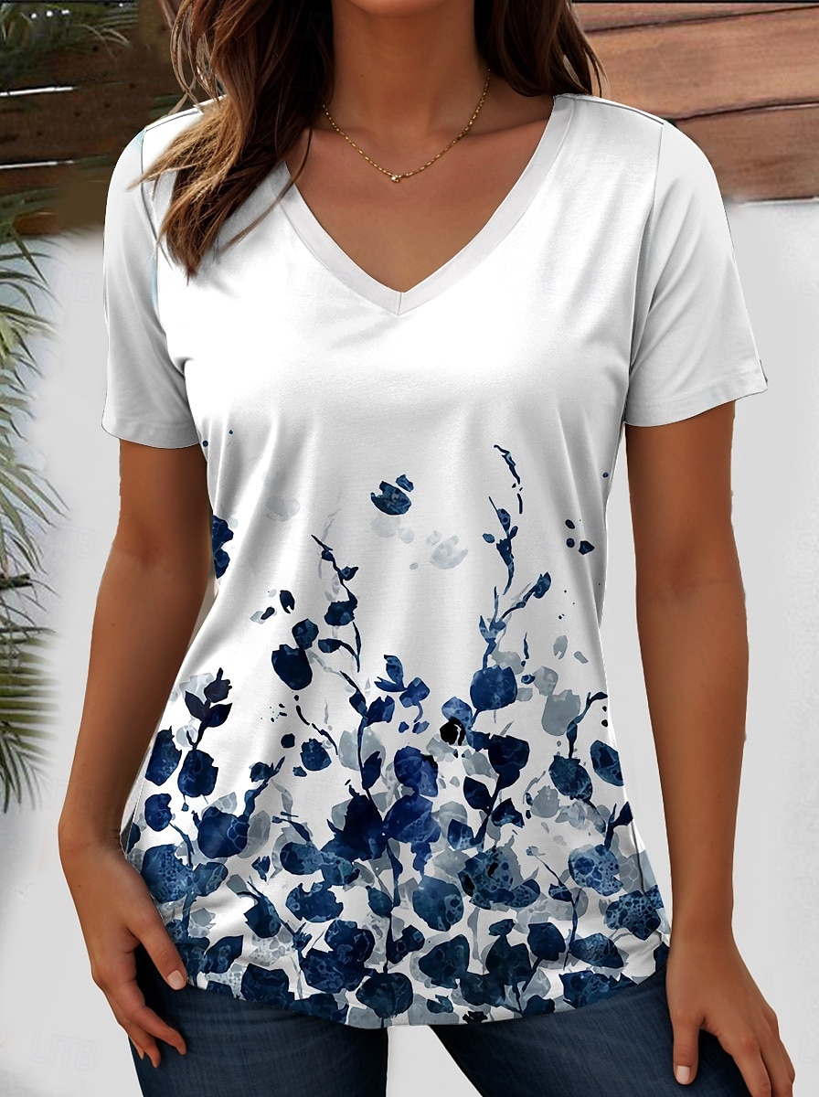 Women's T Shirt Graphic Geometric Paisley Bohemia Vintage Stylish Short Sleeve V Neck Regular Tops Daily Going out Beach Wear Print Black+White+Red Black White Red Purple Summer 2025 - $19.99 –P7