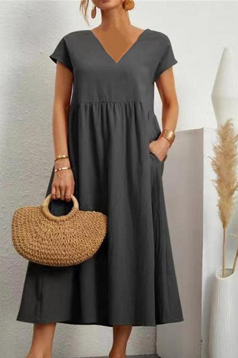 Women's Midi Dress Linen-Inspired Dresses Cotton Linen Dress Basic Classic Modern Vacation Daily Holiday Regular Fit Plain Short Sleeve V Neck Black Light Green Pink Army Green Summer 2025 - $26.99 –P4