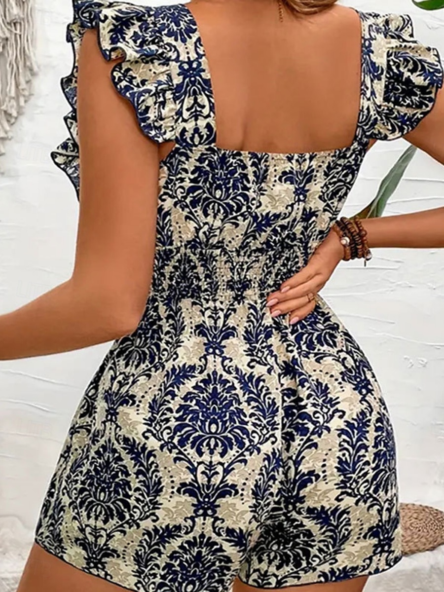 Damen Normal Strampler Urlaub Grafik Ärmellos Quadrathals Rüsche Druck Straße Täglich Normale Passform Wein Marineblau Braun Sommer 2025 - $17.99 –P3