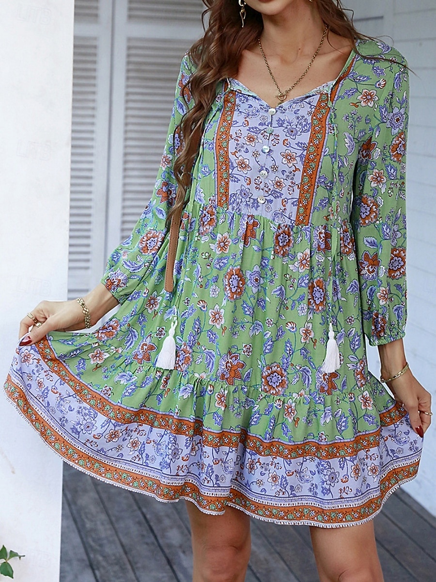 Dam Mini klänning Vardagsklänning Sommarklänning Boho-klänning Mode Utomhus Semester Dagligen Normal Blommig 3/4 ärm V-hals Gul Rodnande Rosa Blå Grön Sommar 2025 - $24.99 –P2