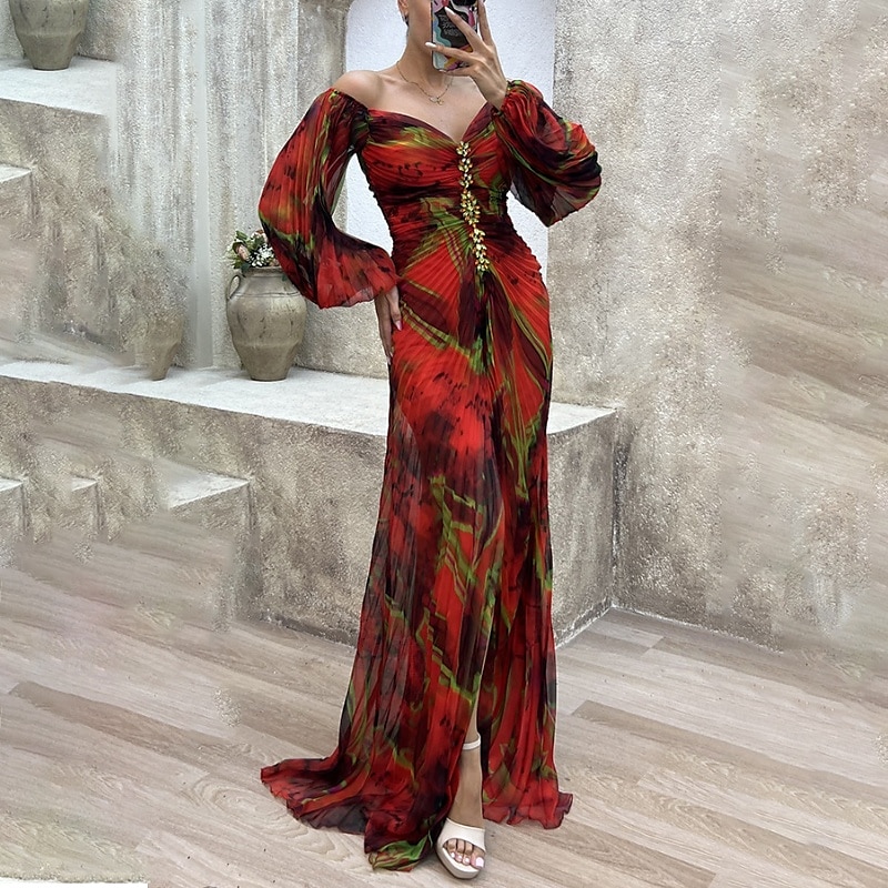 Femme robe longue robe soirée Robe froncée Mode Soirée Standard Fleur manche longue Col V Jaune Vin Bleu Vert Eté de 2025 ? $30.99 –P14