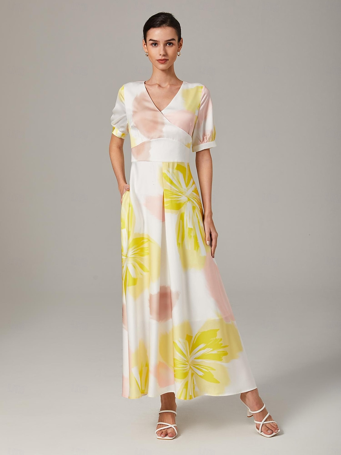 abito midi elegante e svolazzante con macchie floreali del 2025 a $93.99 –P4