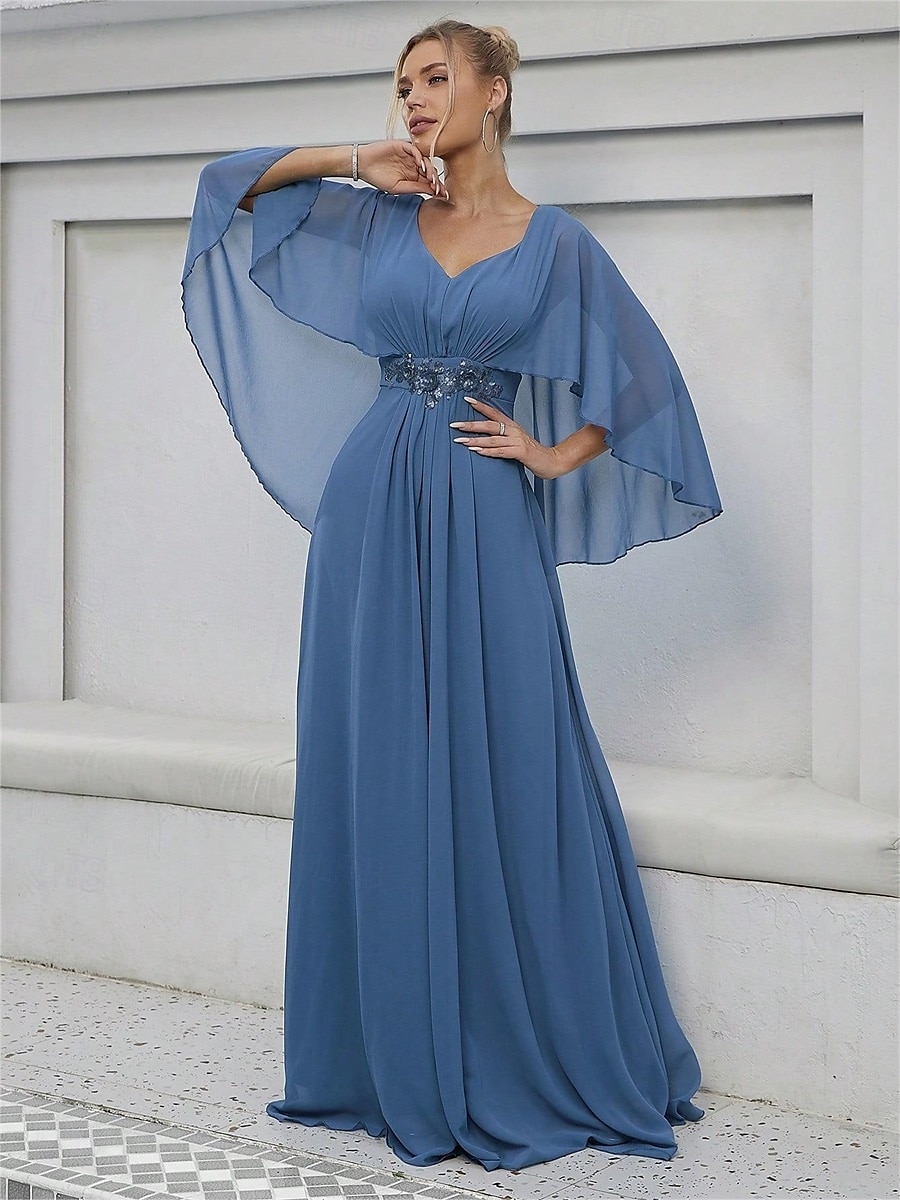 Dress Mother of the Bride Dress Elegant Party V Neck Floor Length Polyester Half Sleeve with Appliques 2025 2025 - $82.99 –P3