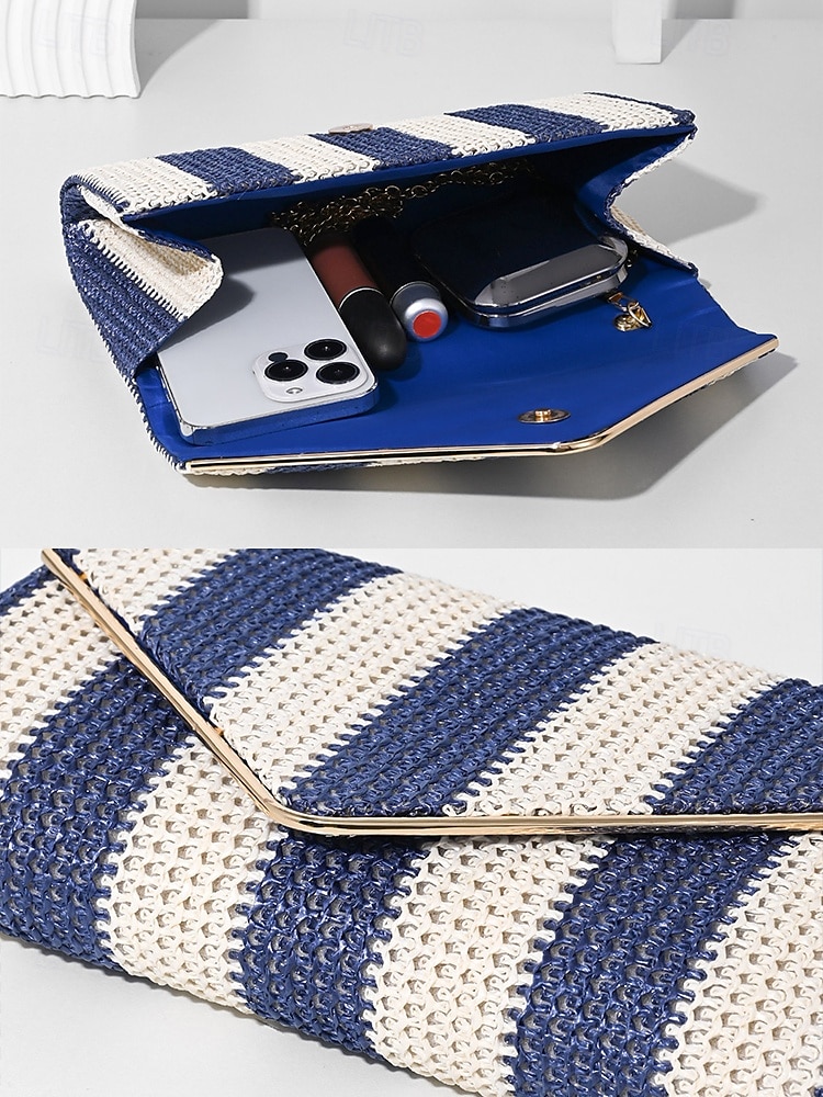 dames gestreepte geweven envelop clutch - met ketting, kan op één schouder of crossbody worden gedragen, modieus en veelzijdig, geschikt voor strandfeestjes en dagelijks gebruik zwart rood kaki 2025 - $19.99 –P9