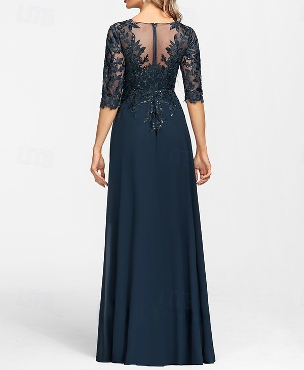 A-Linie Brautmutterkleid Hochzeitsgast Elegant V Ausschnitt Bodenlang Chiffon Halbarm mit Applikationen Geteilter Vorderteil 2025 2025 - $201.99 –P2